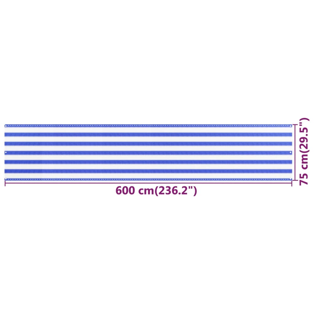 vidaXL kék-fehér HDPE erkélytakaró 75 x 600 cm