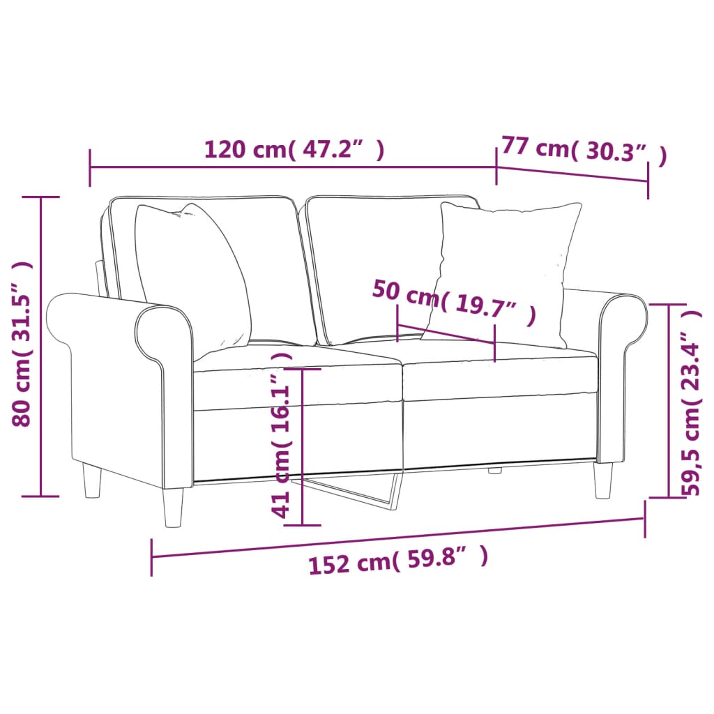 vidaXL 2 személyes világosszürke szövet kanapé párnákkal 120 cm