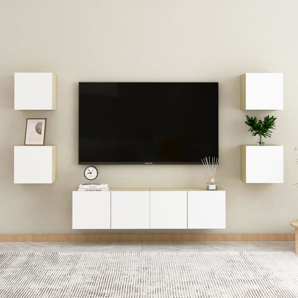 vidaXL 4 db fehér-tölgyszínű falra szerelhető TV-szekrény 30,5x30x30cm