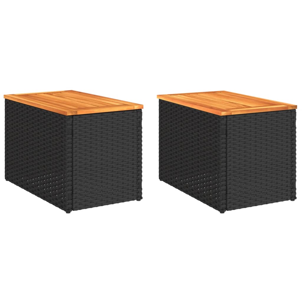 vidaXL 2 db fekete polyrattan és tömör fa kerti kisasztal 55x34x37 cm