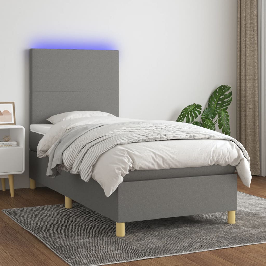 vidaXL sötétszürke szövet rugós és LED-es ágy matraccal 90x190 cm