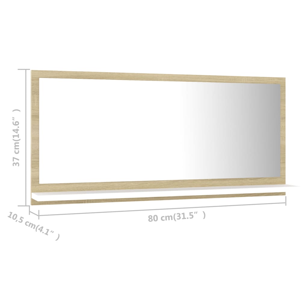 vidaXL fehér-sonoma színű forgácslap fürdőszobai tükör 80x10,5x37 cm