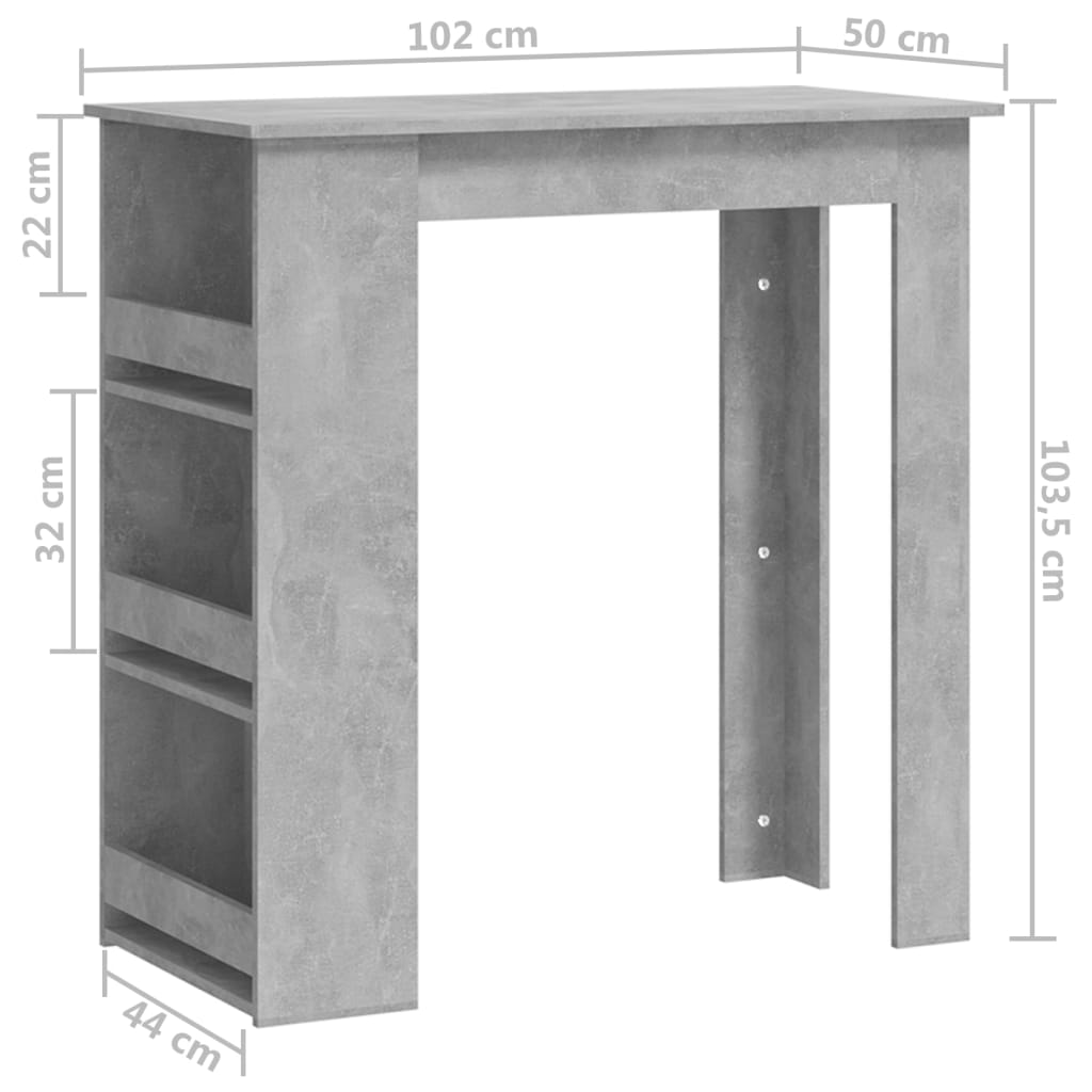 vidaXL betonszürke bárasztal tárolópolccal 102 x 50 x 103,5 cm