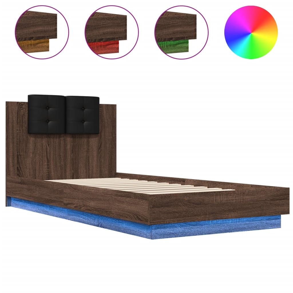 vidaXL barna tölgy színű ágykeret fejtámlával és LED-ekkel 90 x 200 cm