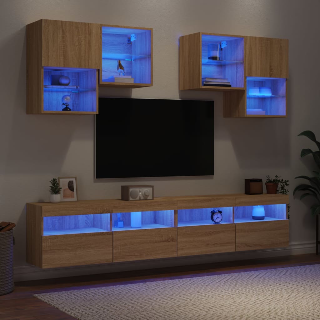 vidaXL 6 darab sonoma tölgy színű falra szerelhető TV-szekrény LED-del