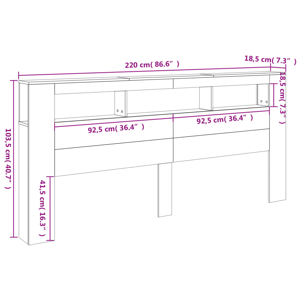 vidaXL szürke sonoma szerelt fa LED-es fejtámla 220 x 18,5 x 103,5 cm