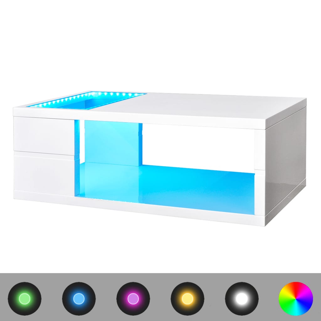 vidaXL magasfényű fehér dohányzóasztal LED-világítással