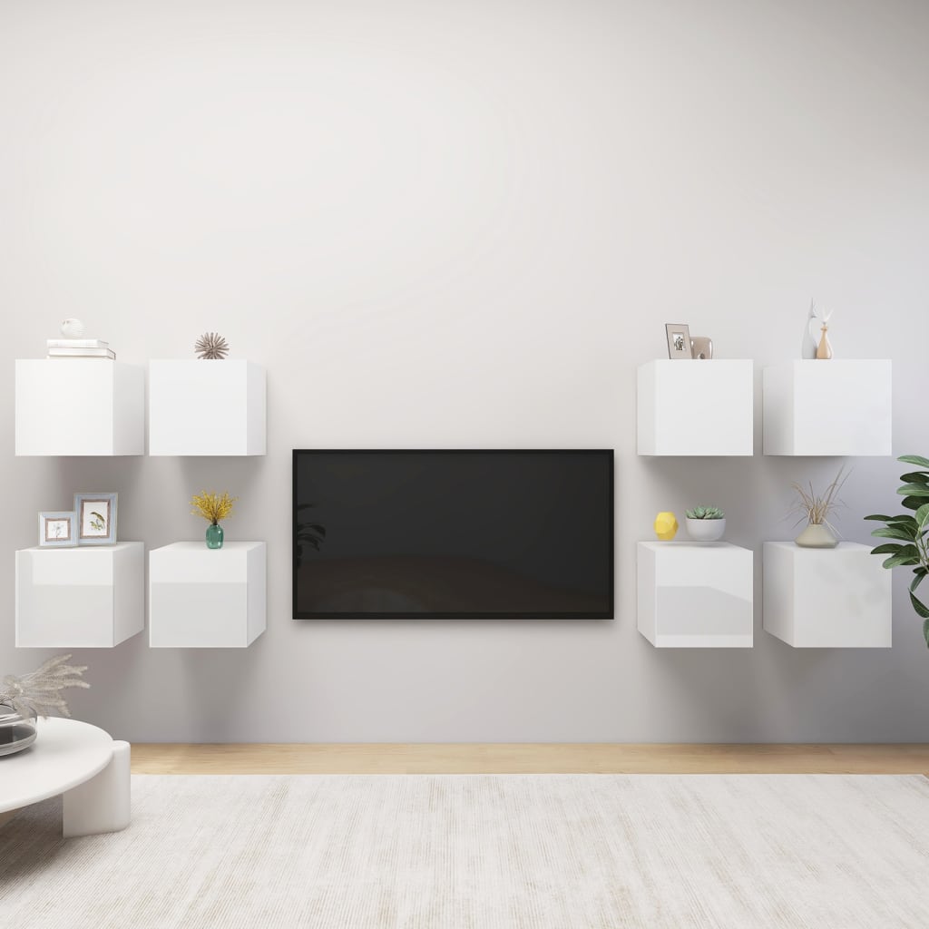 vidaXL 8 db magasfényű fehér falra szerelhető TV-szekrény 30,5x30x30cm