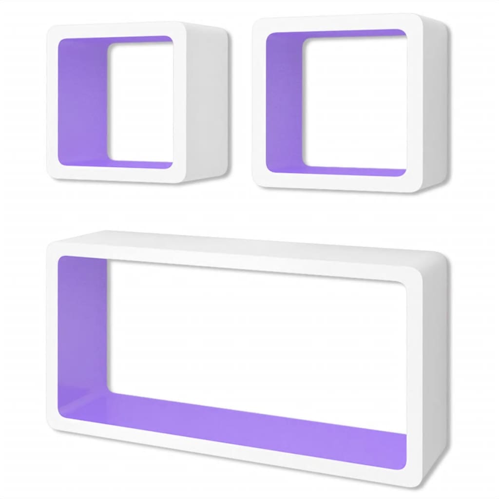3 négyszögű fehér-lila MDF lebegő fali könyvpolc/DVD tároló