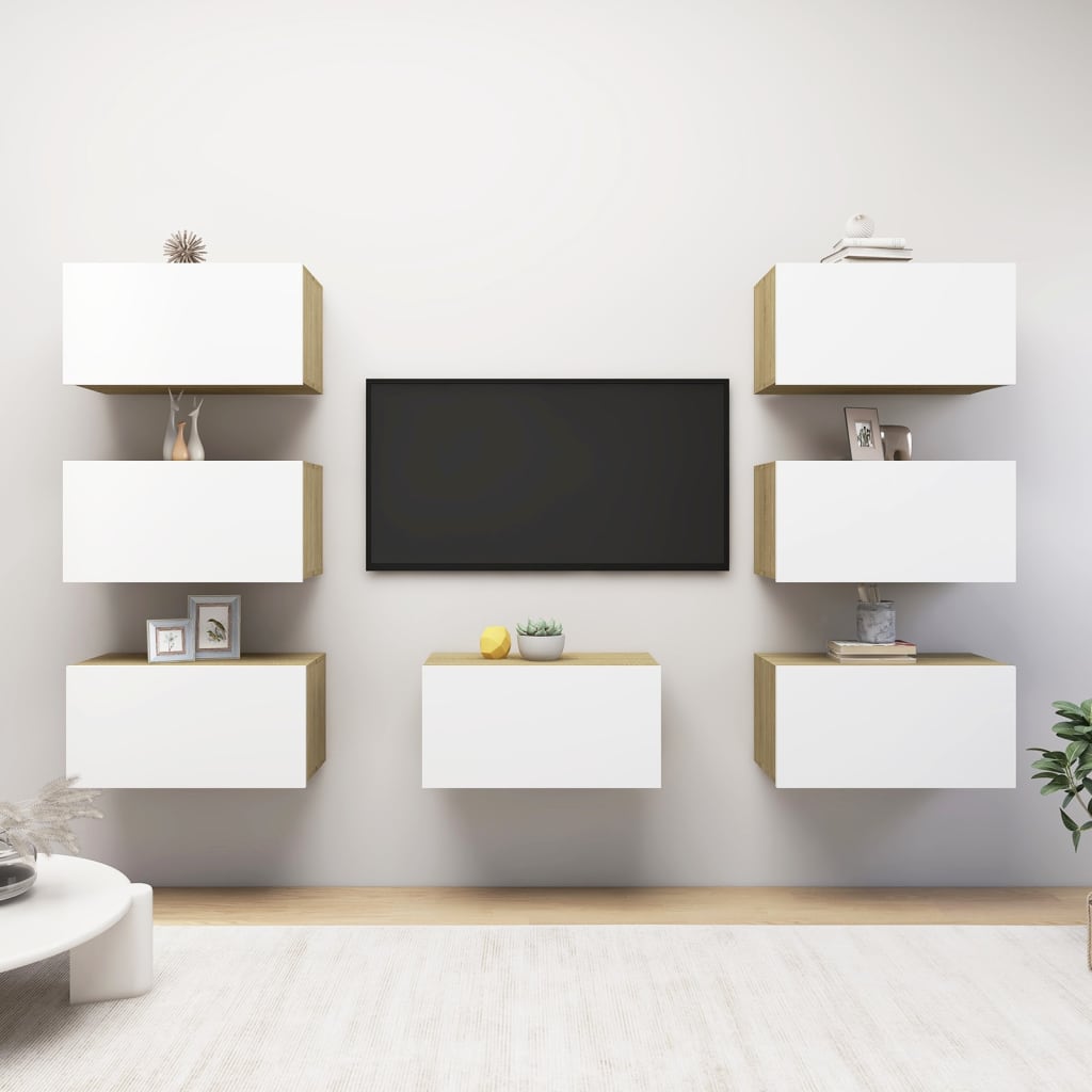vidaXL 7 db fehér-sonoma színű forgácslap TV-szekrény 30,5x30x60 cm