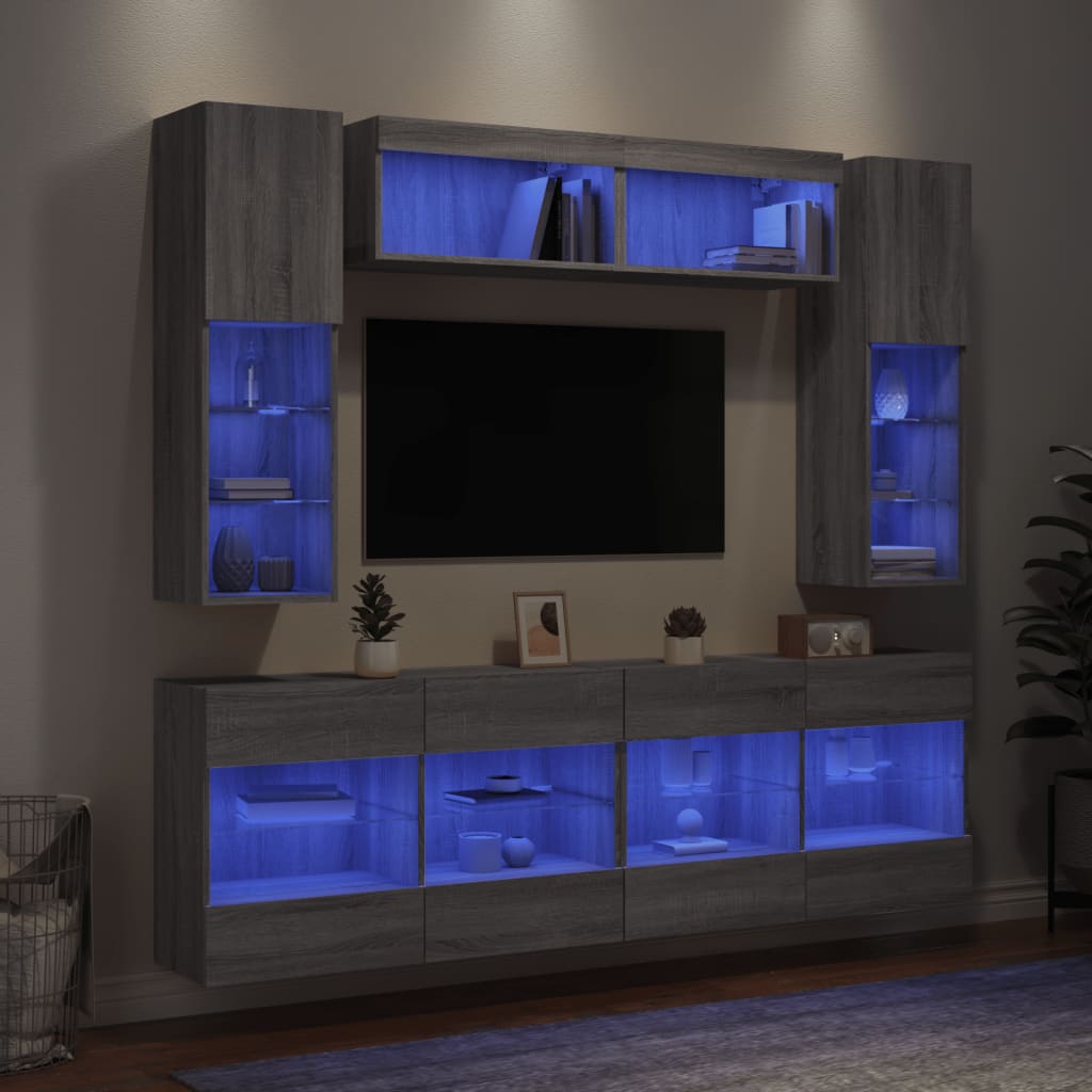 vidaXL 6 db szürke sonoma színű falra szerelhető TV-szekrény LED-ekkel
