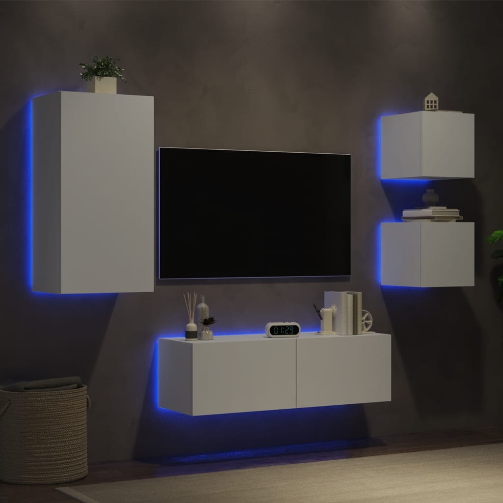 vidaXL 4 darab fehér falra szerelhető TV-szekrény LED-del