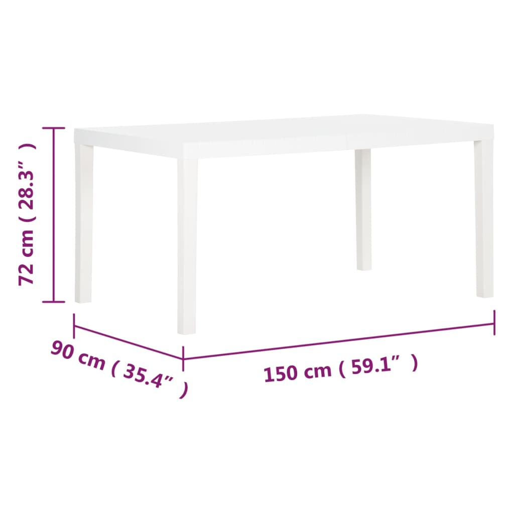 vidaXL fehér polipropilén kerti asztal 150 x 90 x 72 cm