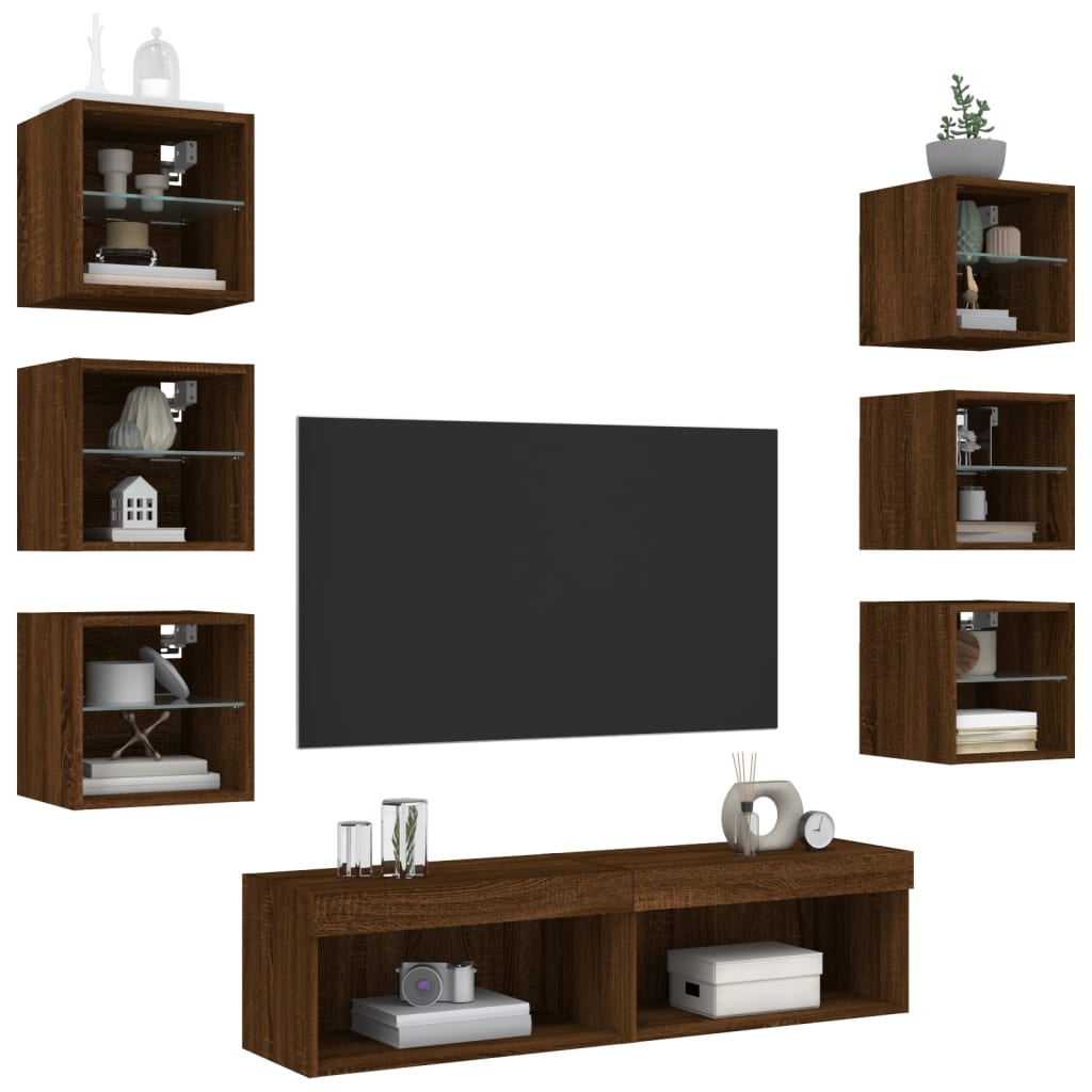 vidaXL 8 darab barna tölgyszínű szerelt fa TV-bútor LED-del