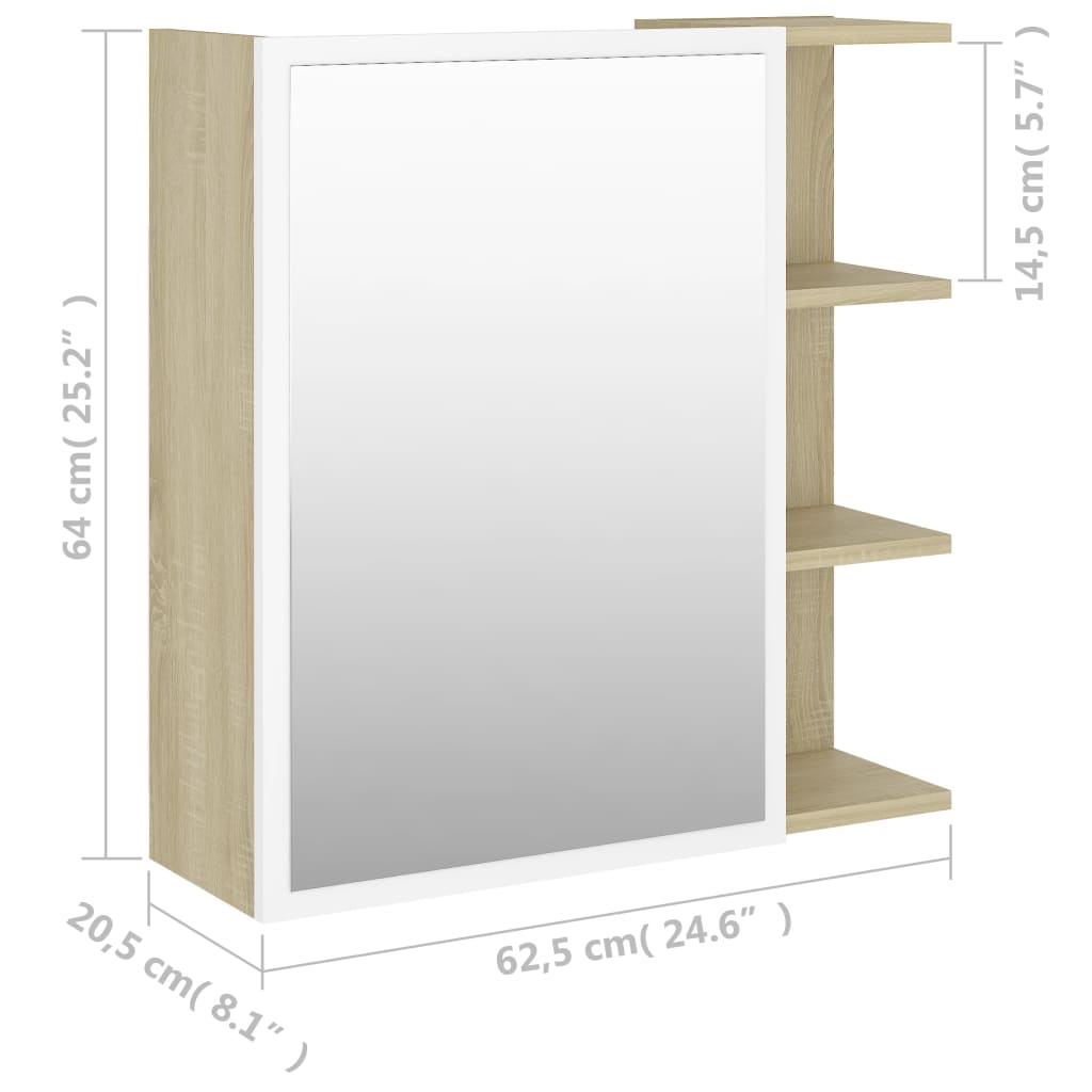 vidaXL fehér és sonoma színű forgácslap tükrös szekrény 62,5x20,5x64cm