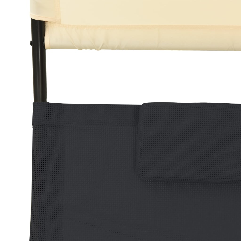 vidaXL fekete-krémszínű kétszemélyes textilén napozóágy napellenzővel