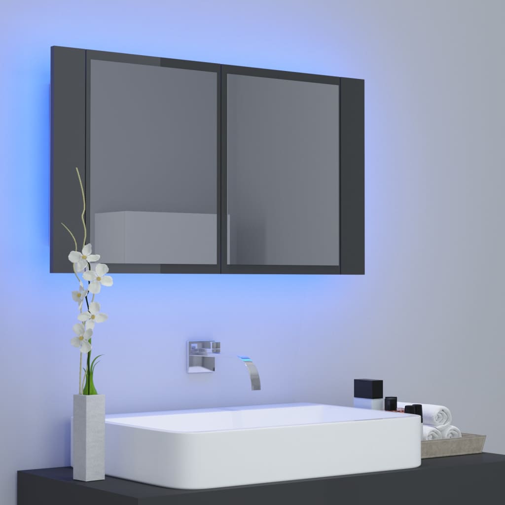 vidaXL magasfényű szürke akril LED-es tükrös fürdőszobaszekrény
