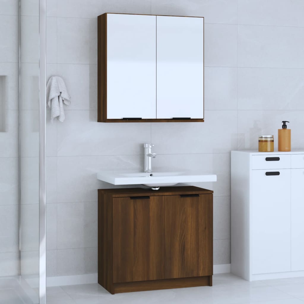 vidaXL 2 részes barna tölgy színű szerelt fa fürdőszobai szekrényszett