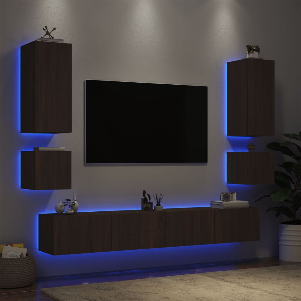 vidaXL 6 darab barna tölgyszínű falra szerelhető TV-szekrény LED-del