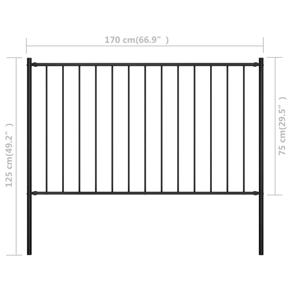 vidaXL fekete porszórt acél kerítéspanel oszlopokkal 1,7 x 0,75 m