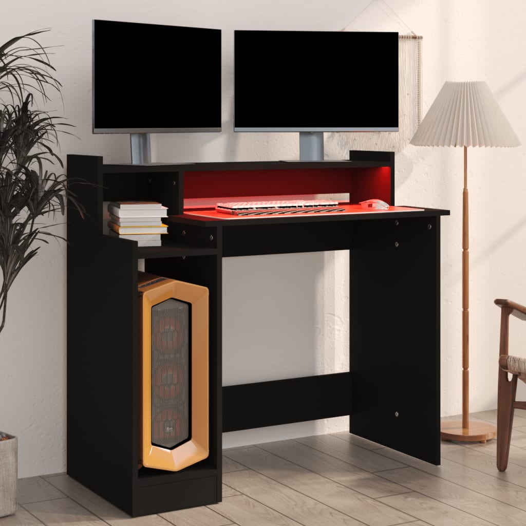 vidaXL fekete szerelt fa íróasztal LED-ekkel 97 x 45 x 90 cm