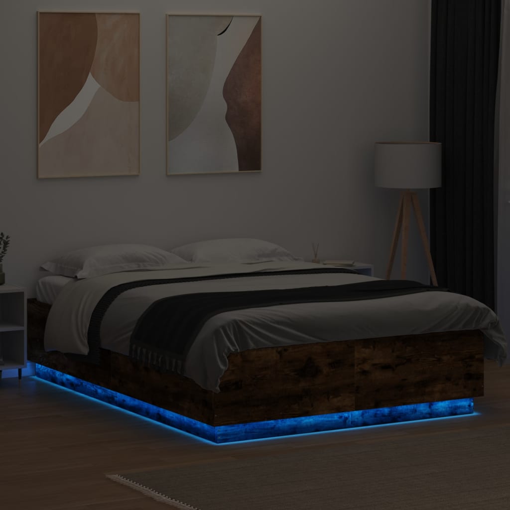 vidaXL füstös tölgy színű szerelt fa ágykeret LED-del 160 x 200 cm
