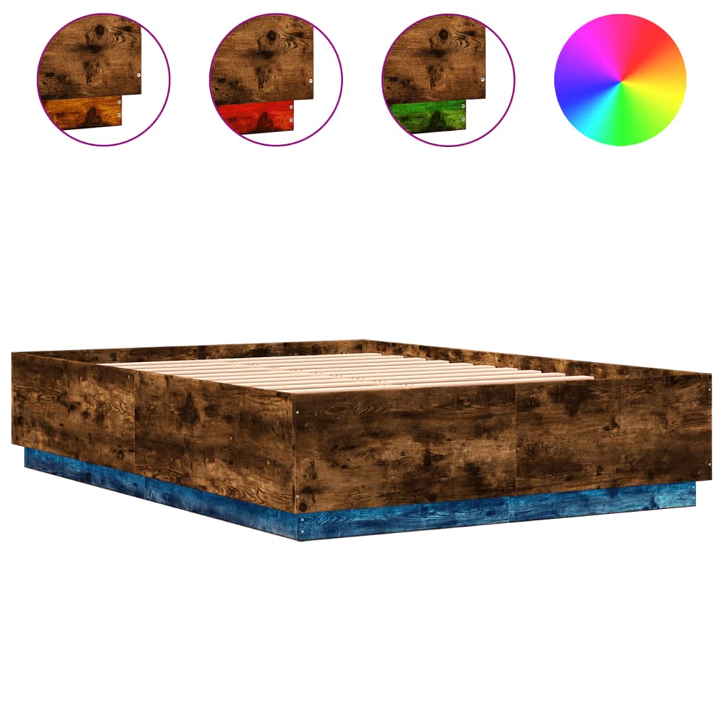 vidaXL füstös tölgy színű szerelt fa ágykeret LED-del 140x200 cm