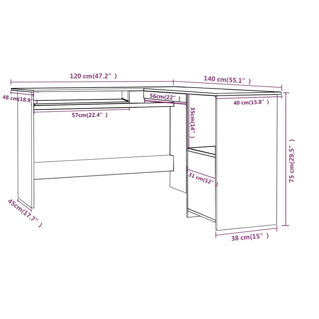 vidaXL betonszürke forgácslap L-alakú sarok-íróasztal 120x140x75 cm