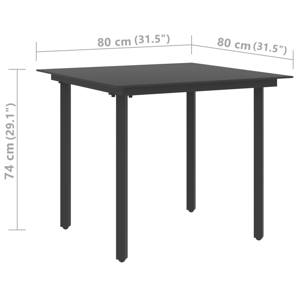 vidaXL fekete acél és üveg kerti étkezőasztal 80 x 80 x 74 cm