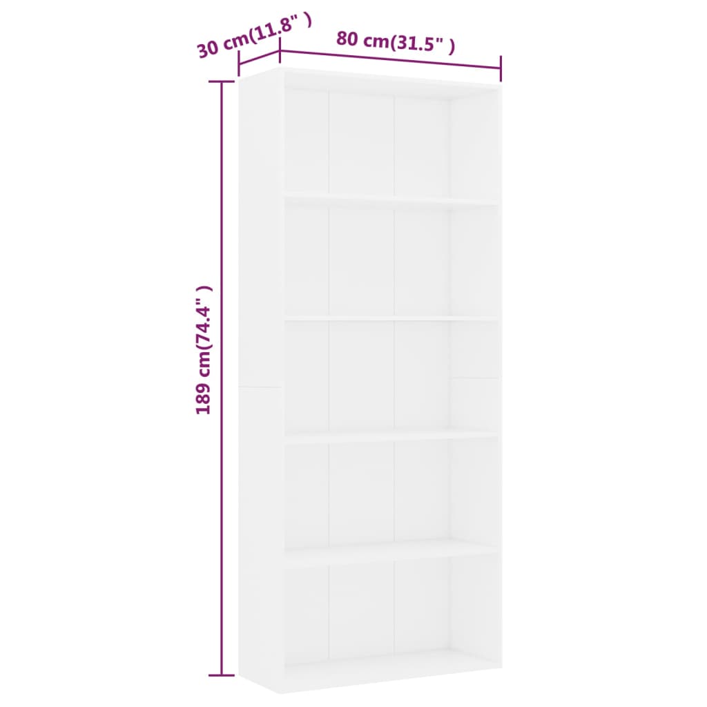 vidaXL 5 szintes fehér forgácslap könyvszekrény 80 x 30 x 189 cm