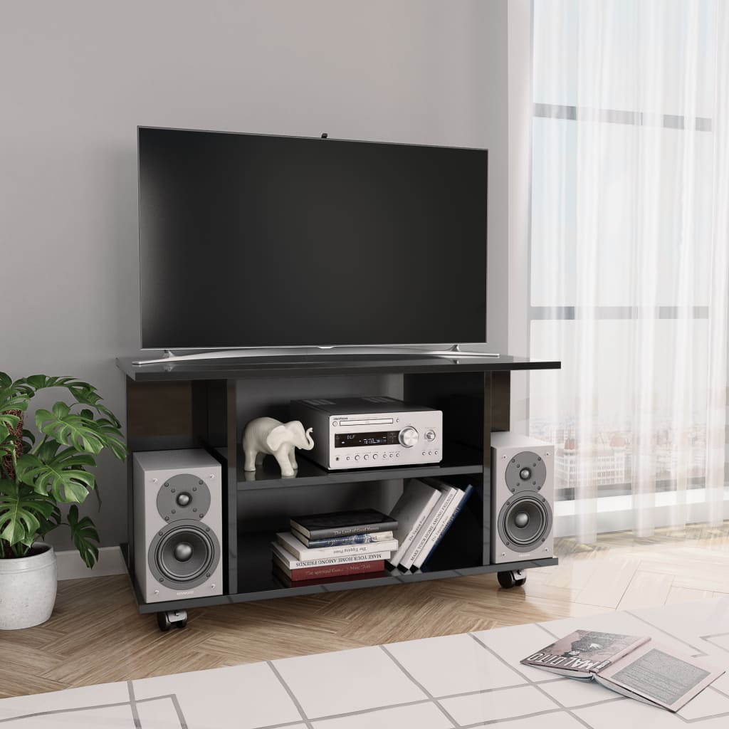 vidaXL magasfényű fekete szerelt fa TV-szekrény görgőkkel 80x40x40 cm