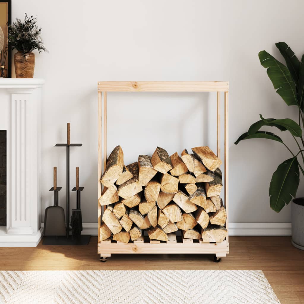 vidaXL tömör fenyőfa rönktároló kerekekkel 76,5 x 40 x 108 cm