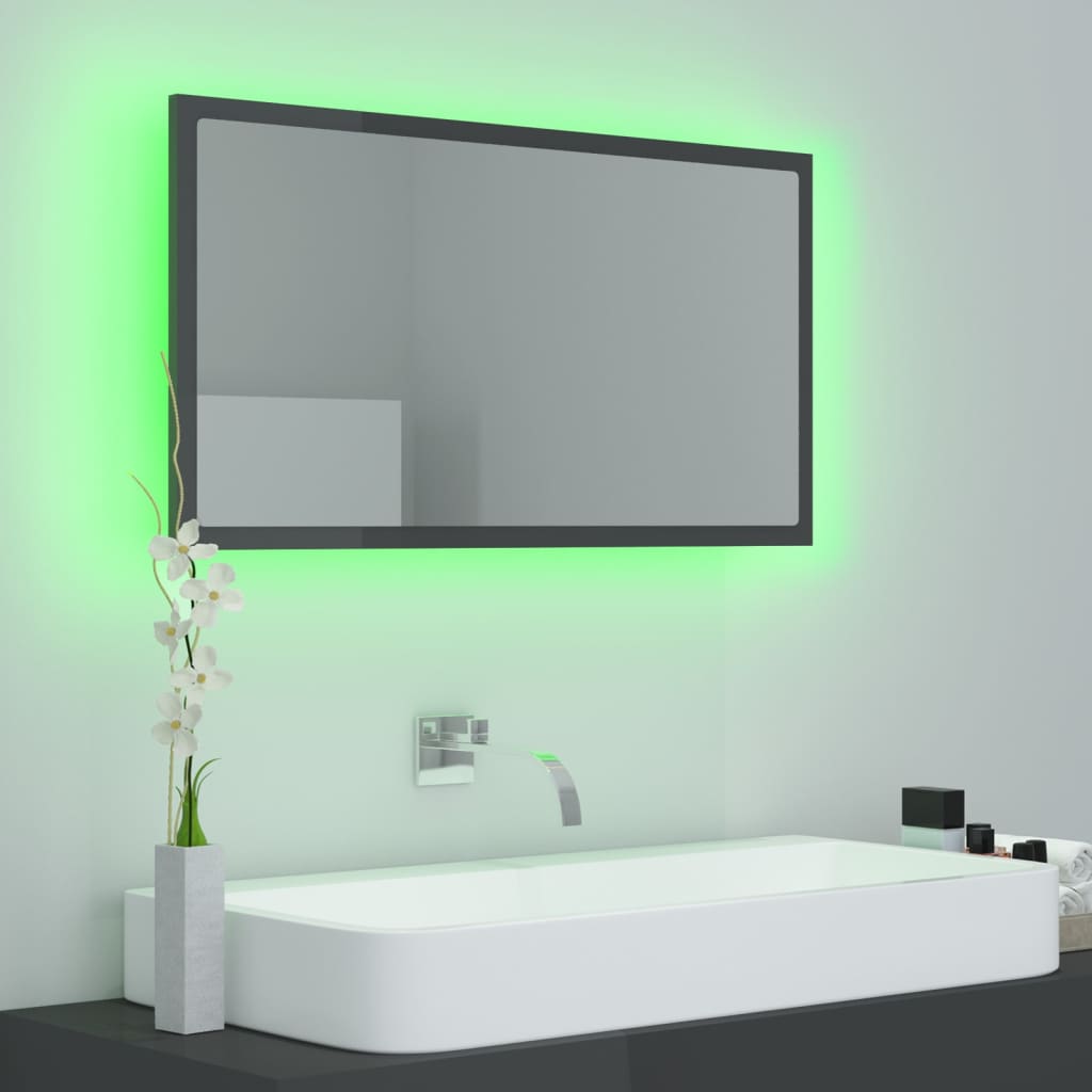 vidaXL magasfényű szürke LED-es mérnöki fa fürdőszobatükör 80x8,5x37cm