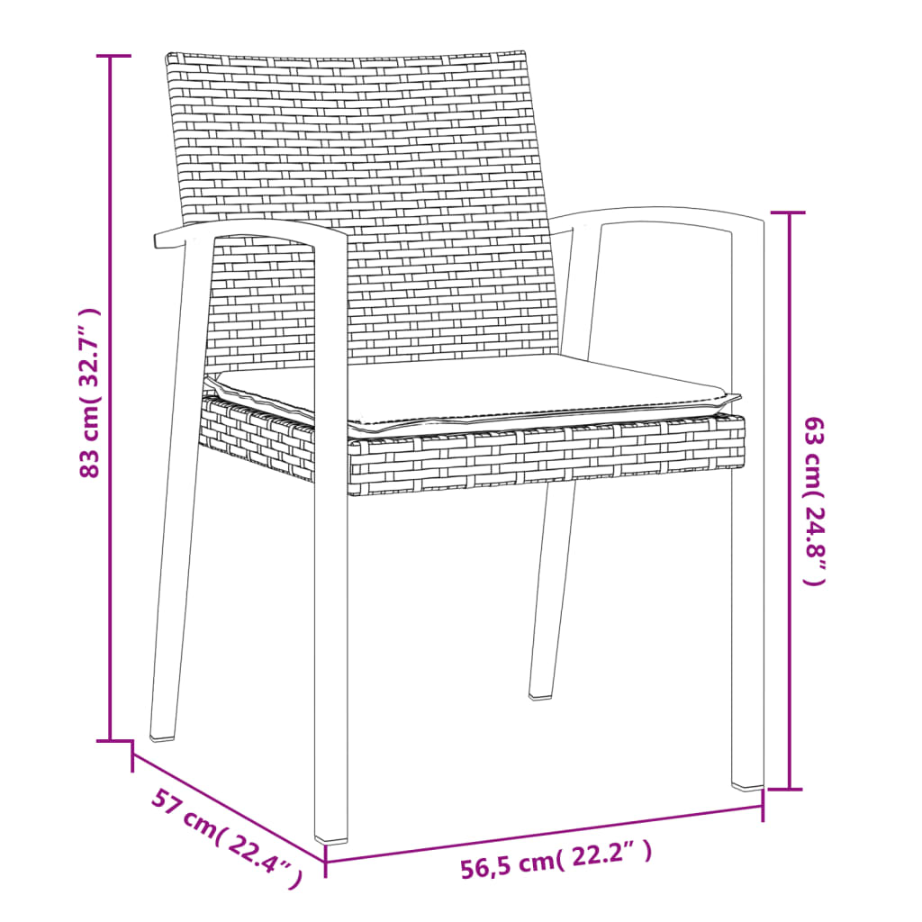 vidaXL 6 db fekete polyrattan kerti szék párnával 56,5x57x83 cm