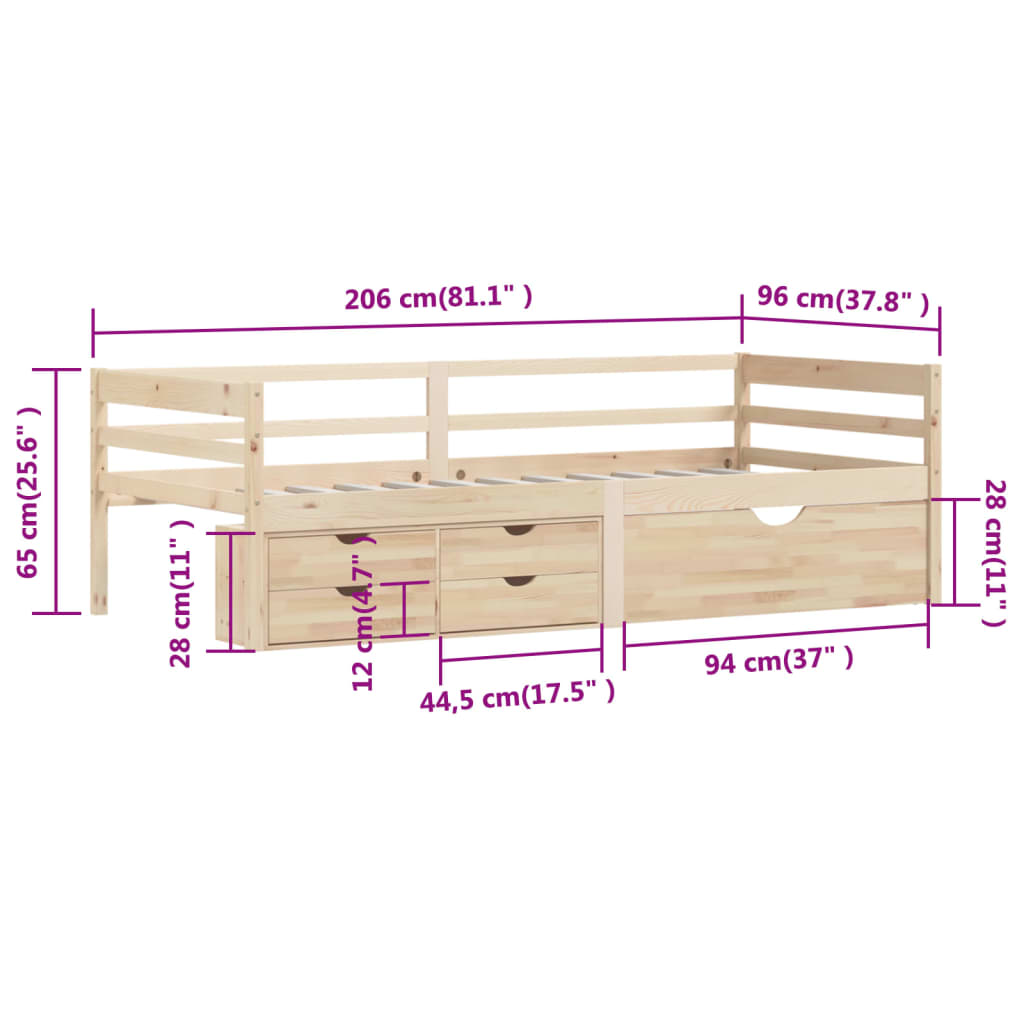 vidaXL tömör fenyőfa ágykeret fiókokkal és szekrénnyel 90 x 200 cm