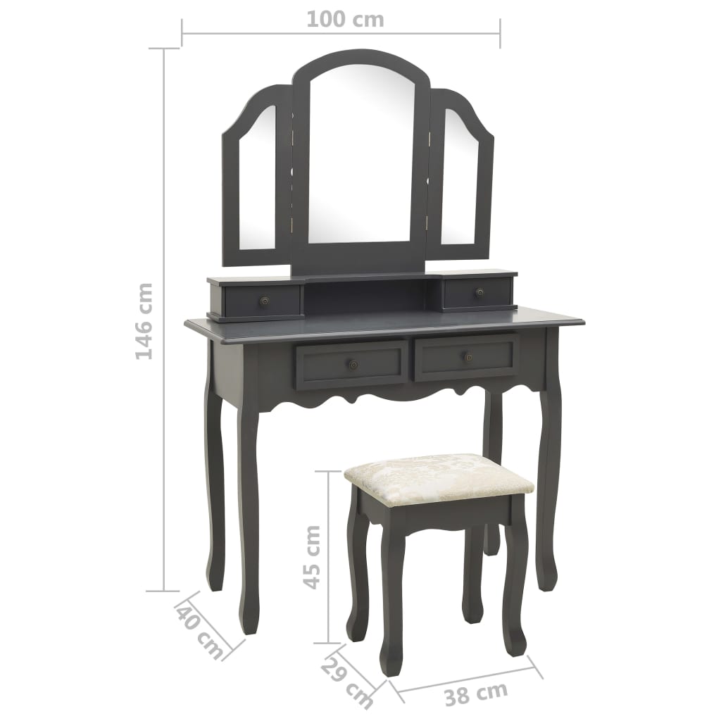 vidaXL szürke császárfa fésülködőasztal-szett ülőkével 100x40x146 cm