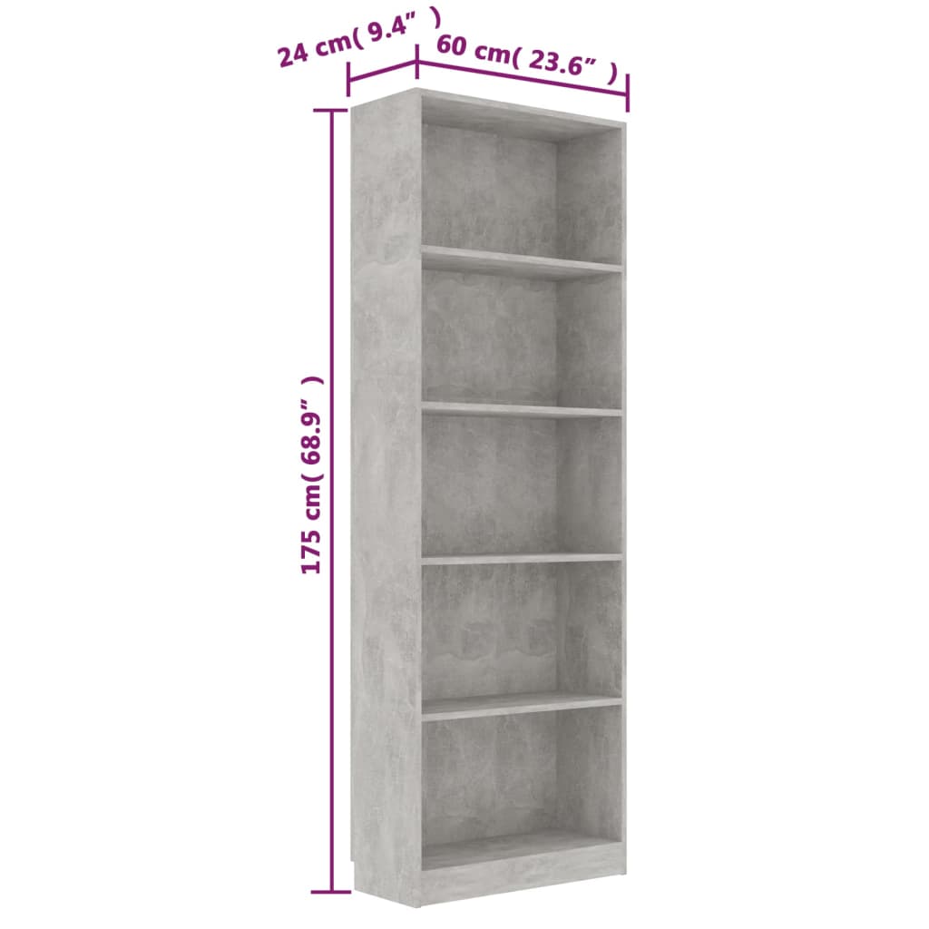 vidaXL 5-szintes betonszürke forgácslap könyvszekrény 60 x 24 x 175 cm