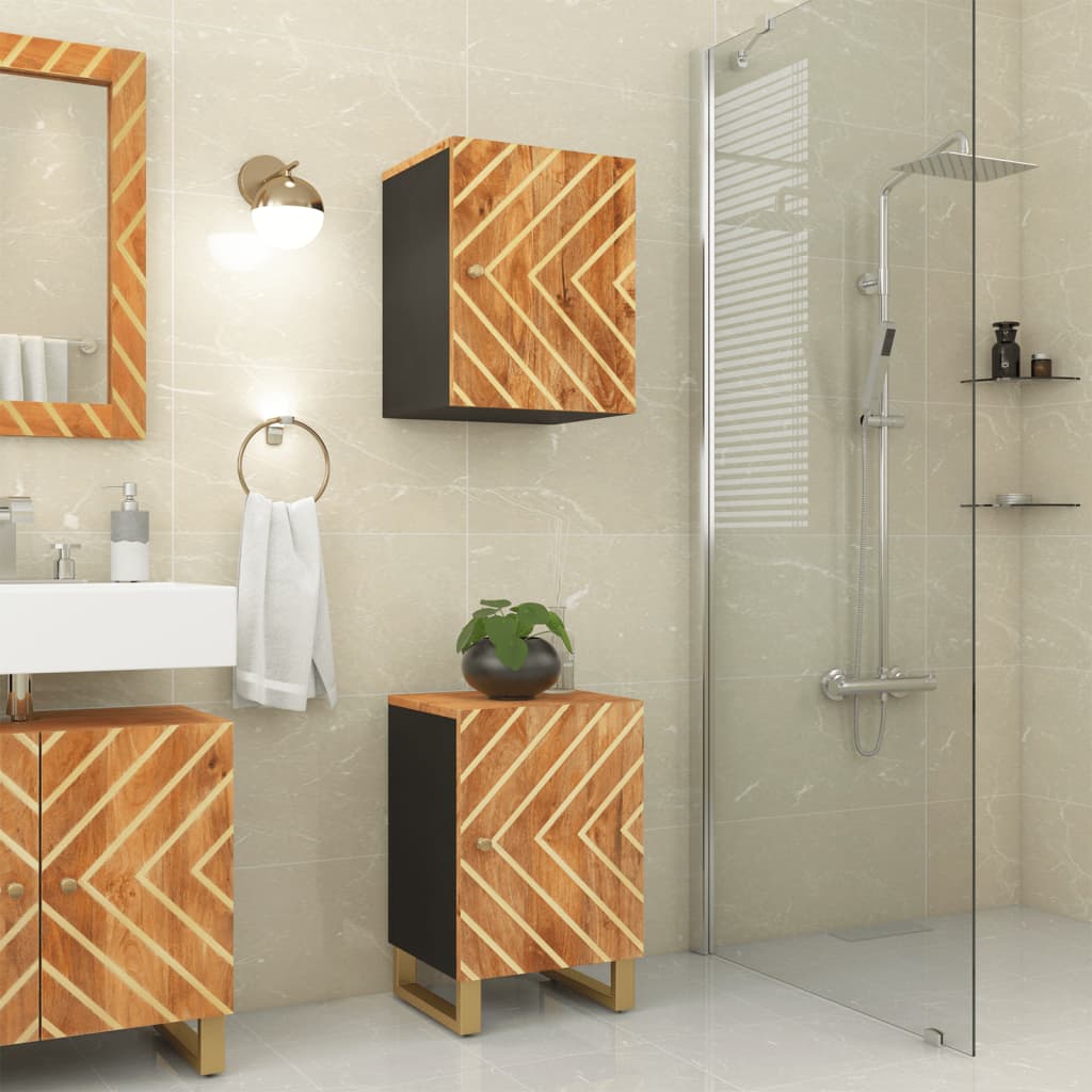 vidaXL barna és fekete tömör mangófa fürdőszobai faliszekrény