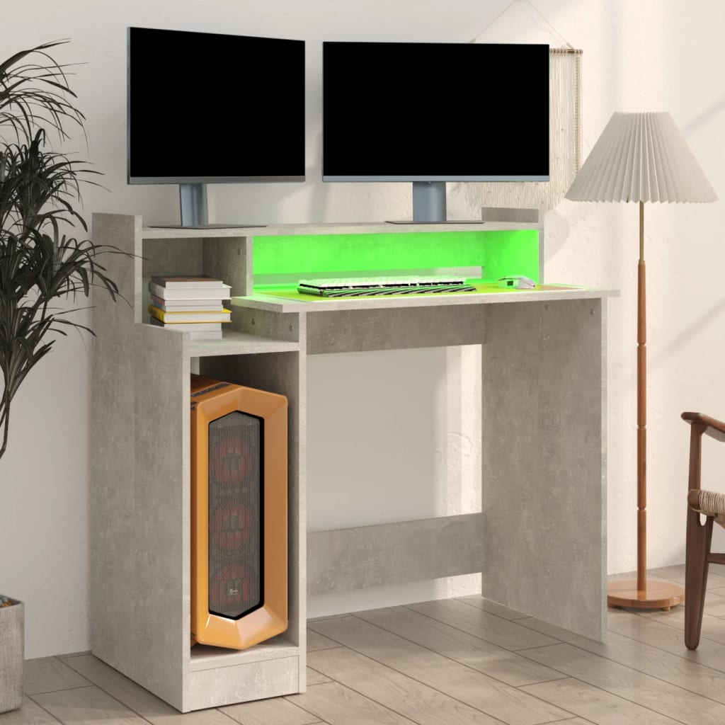vidaXL betonszürke szerelt fa íróasztal LED-ekkel 97 x 45 x 90 cm