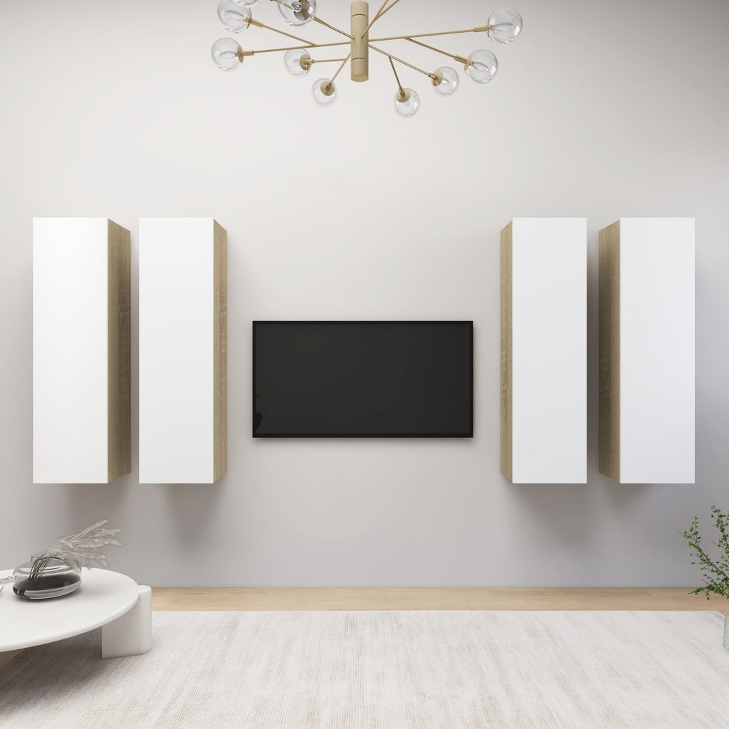vidaXL 4 db fehér-sonoma színű forgácslap TV-szekrény 30,5x30x110 cm