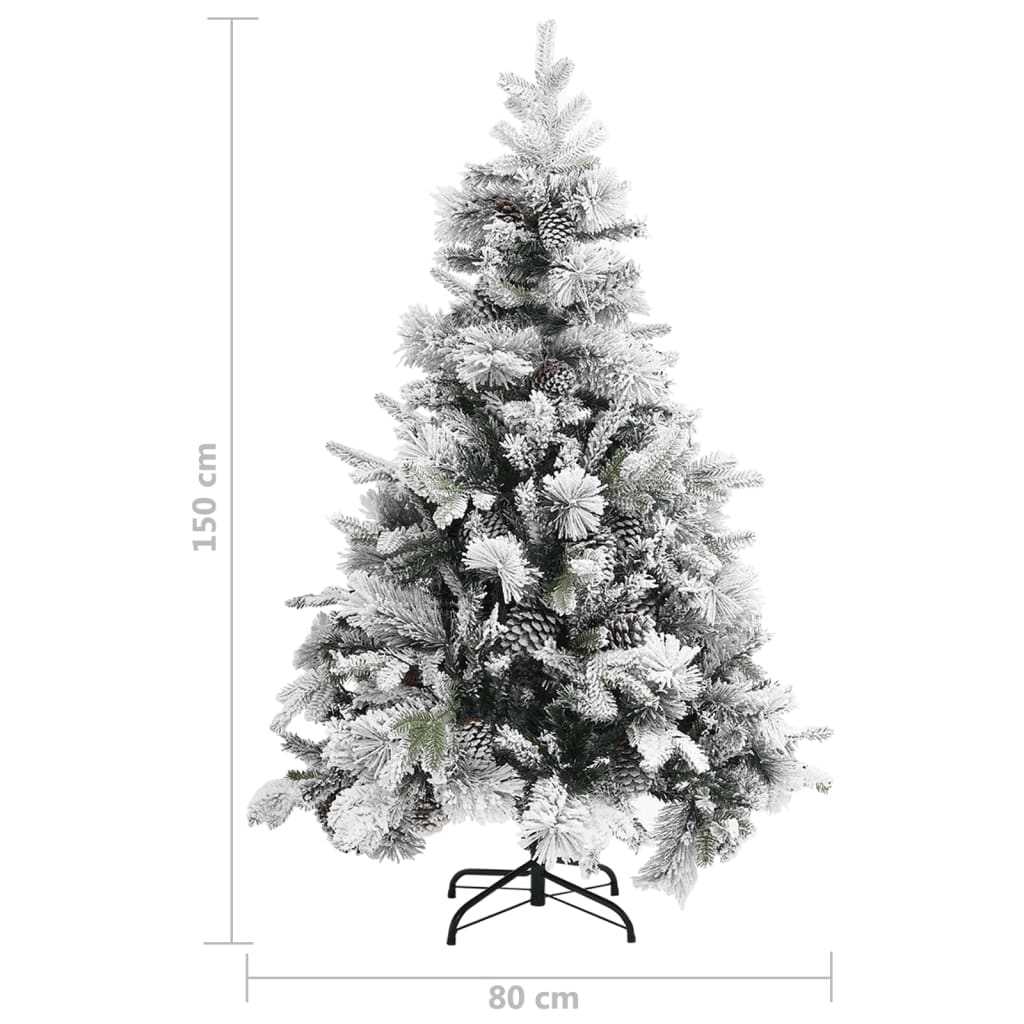 vidaXL PVC/PE karácsonyfa pelyhes hóval és tobozokkal 150 cm