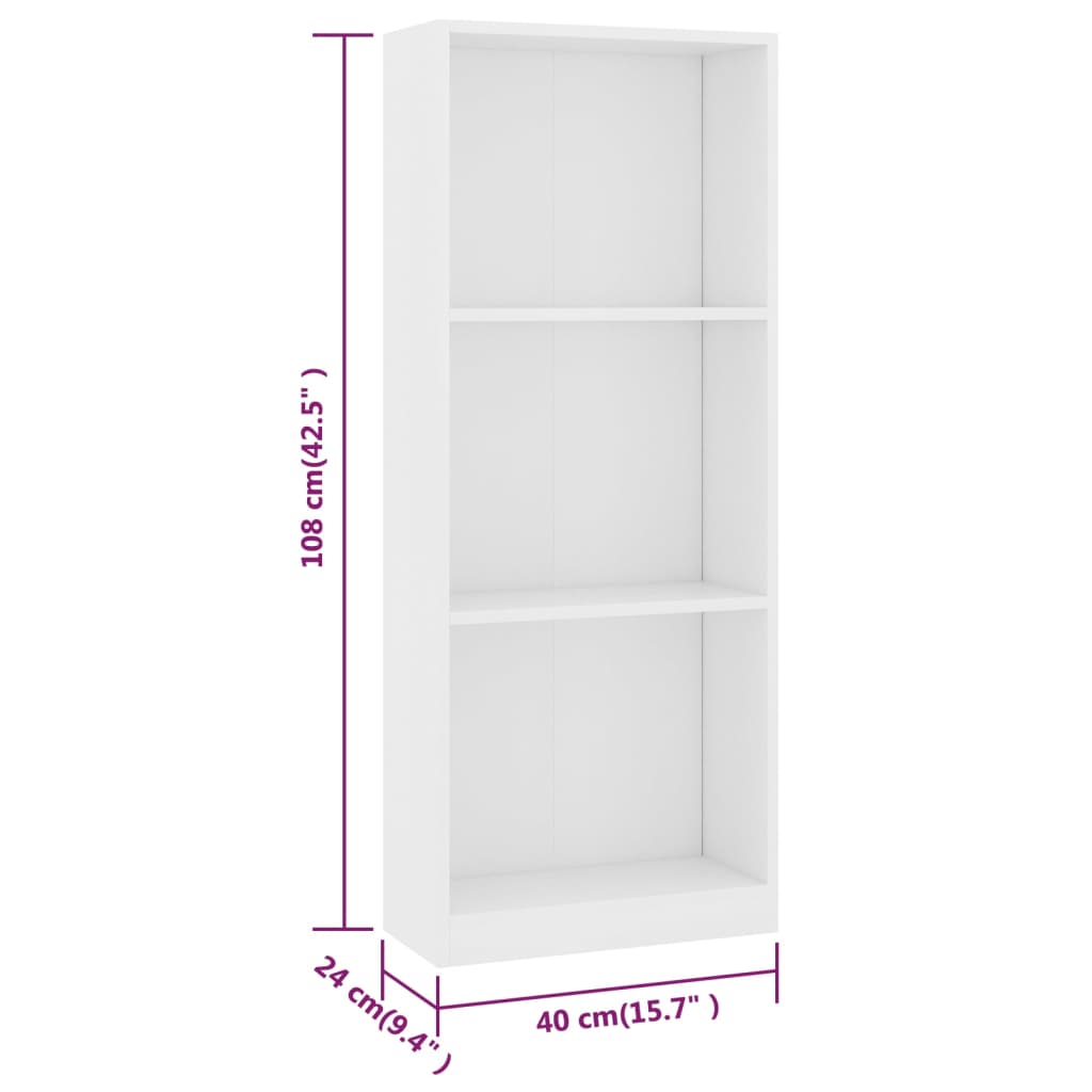 vidaXL 3-szintes fehér forgácslap könyvszekrény 40 x 24 x 108 cm