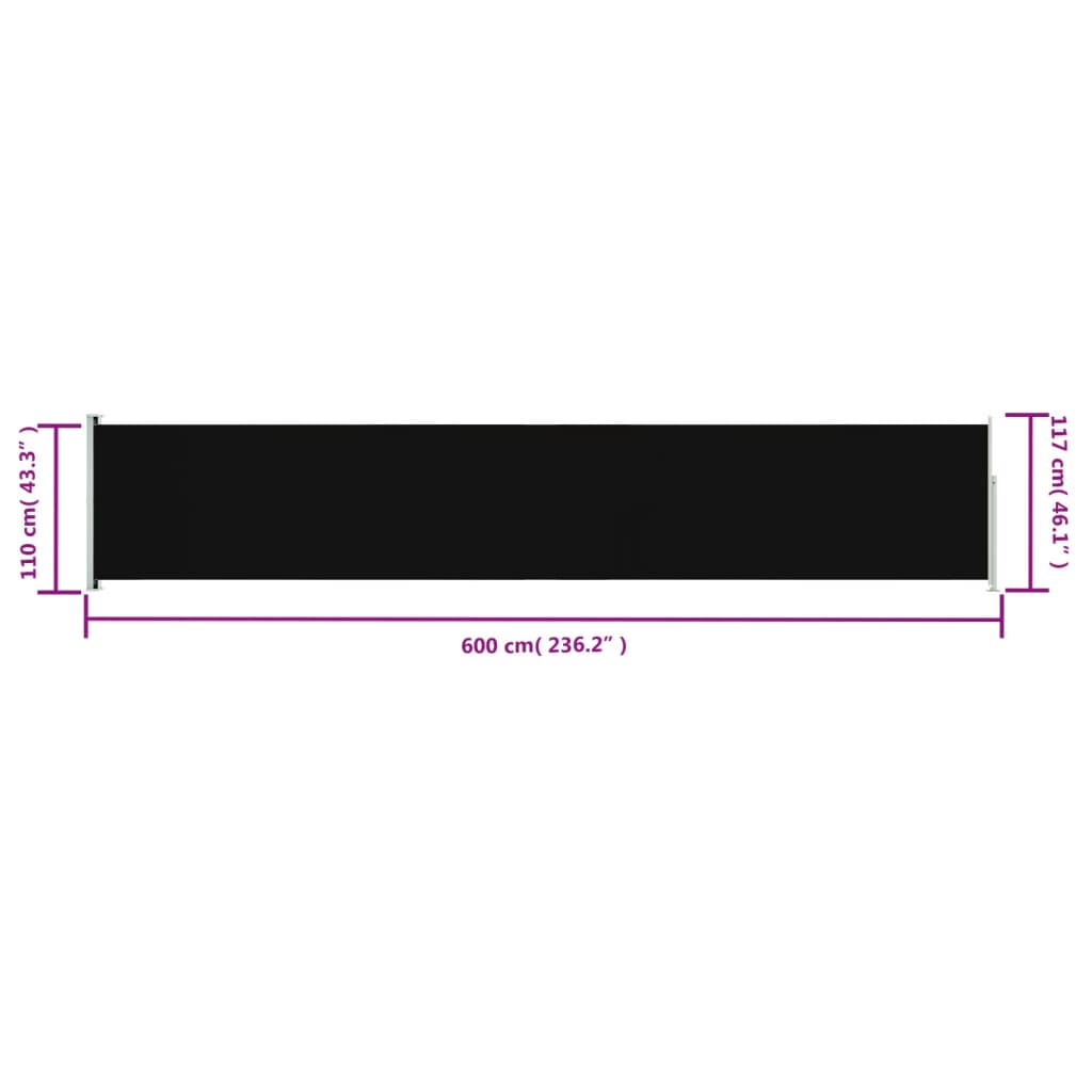 vidaXL fekete behúzható oldalsó terasznapellenző 117 x 600 cm