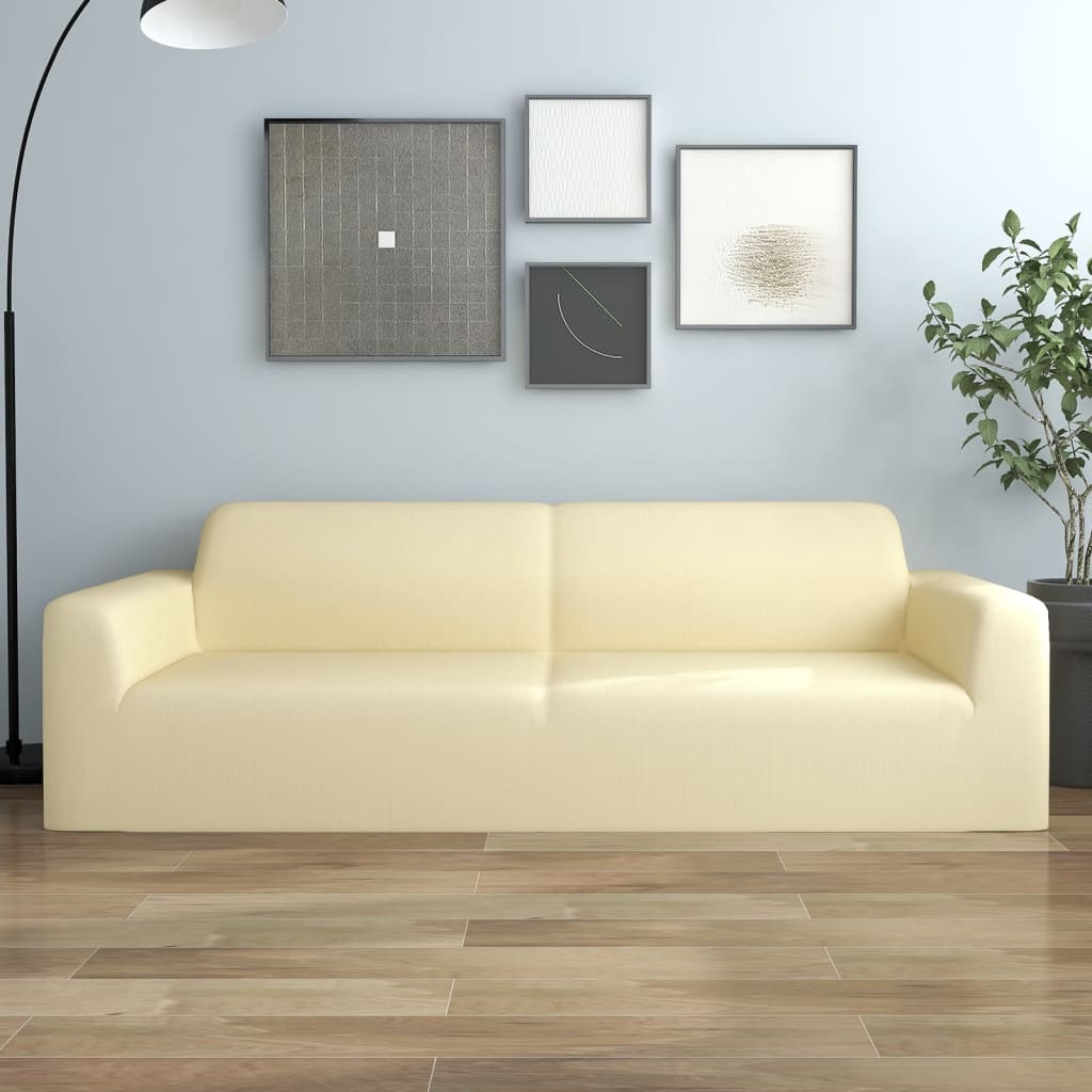 vidaXL 3-személyes krémszínű sztreccs poliészterdzsörzé kanapéhuzat
