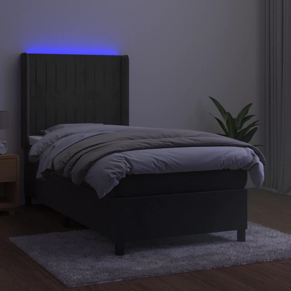 vidaXL sötétszürke bársony rugós és LED-es ágy matraccal 90x200 cm