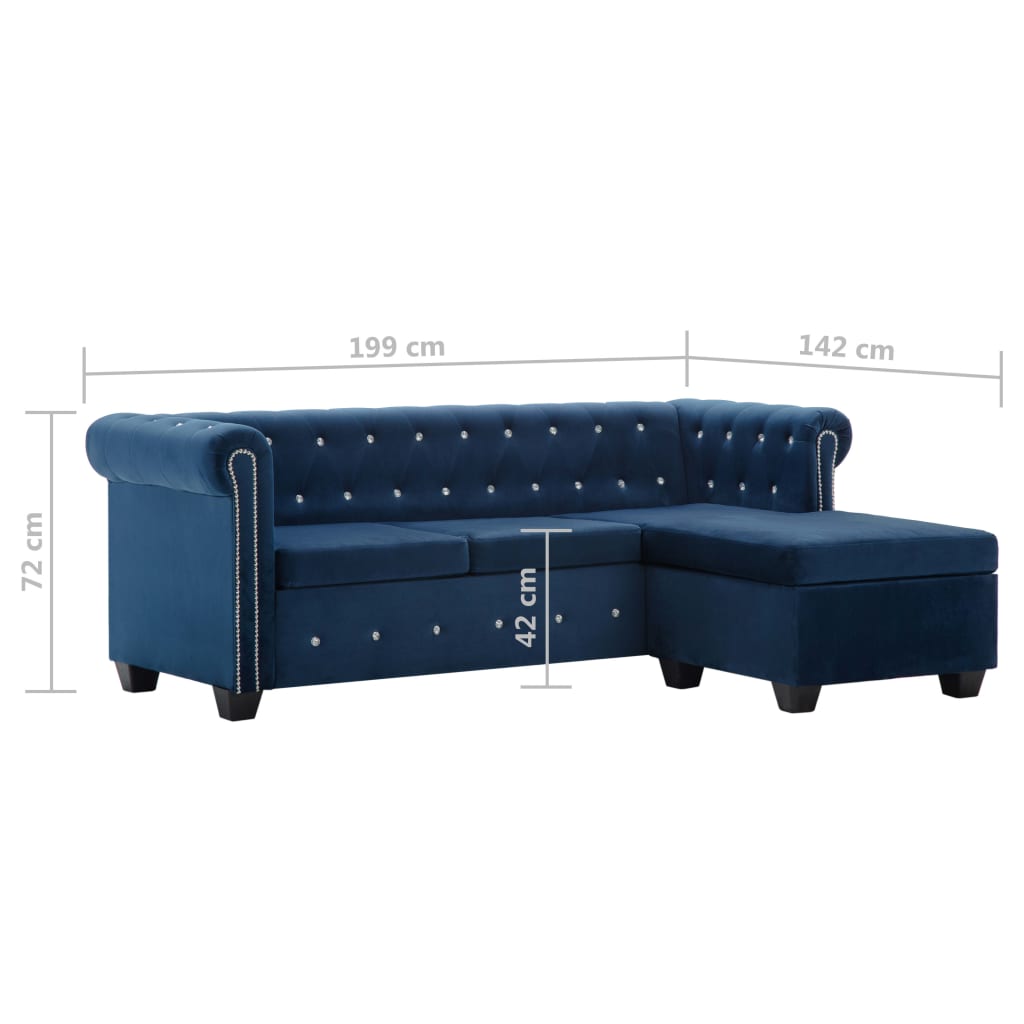 vidaXL kék L-alakú bársony Chesterfield kanapé 199 x 142 x 72 cm