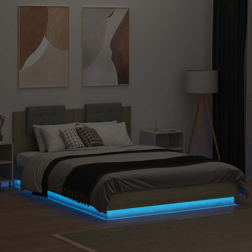 vidaXL sonoma tölgy színű ágykeret fejtámlával és LED-ekkel 150x200 cm