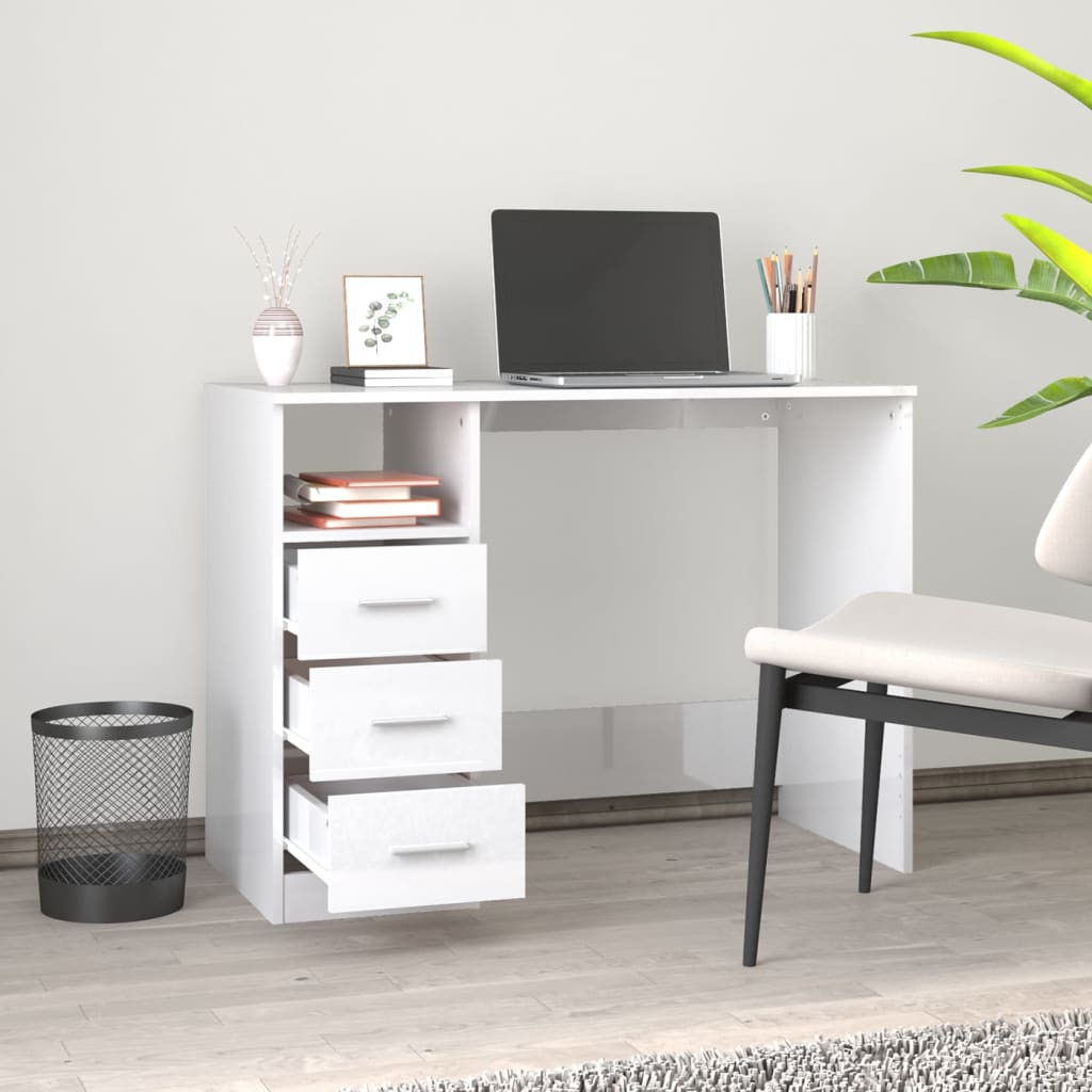 vidaXL magasfényű fehér szerelt fa íróasztal fiókokkal 102x50x76 cm