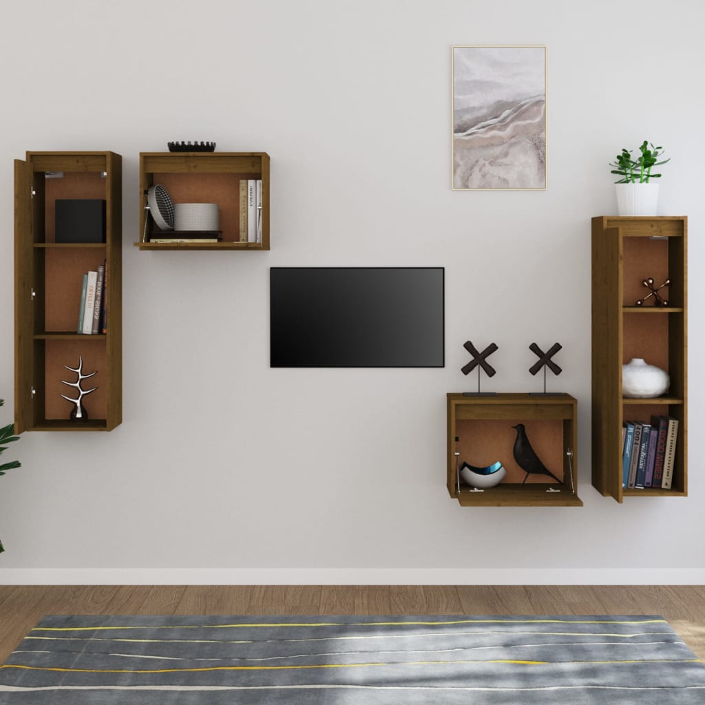 vidaXL 4 darab mézbarna tömör fenyőfa TV-szekrény