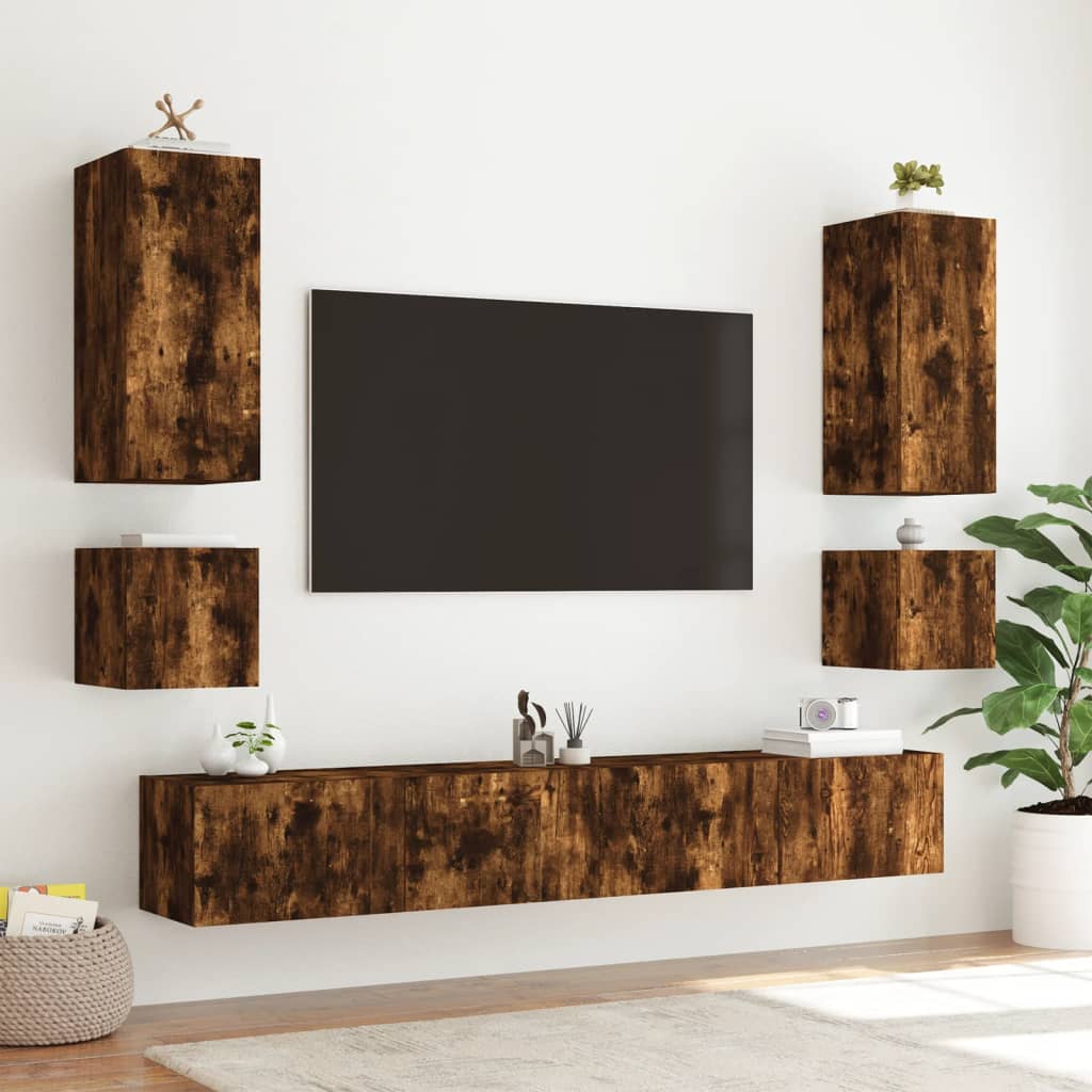 vidaXL 6 darab füstölt tölgyszínű falra szerelhető TV-szekrény LED-del